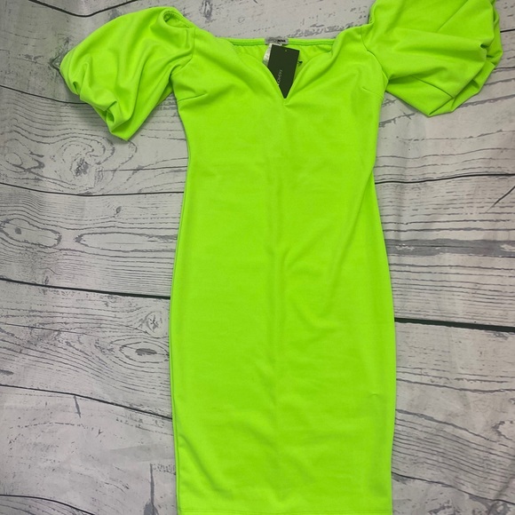 Fashion Nova Pop Bubble Sleeve Dress Neon Green - Picture 3 of 3